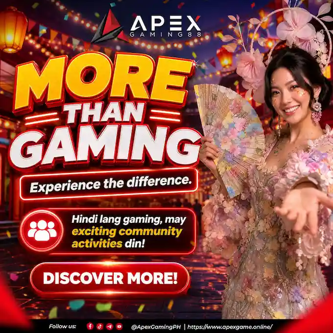 Apex Gaming88 'More Than Gaming' promo graphic featuring a woman in an elegant floral dress holding a fan, highlighting exciting community activities beyond gaming.