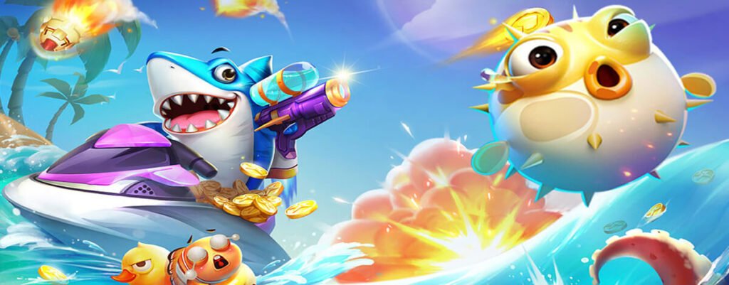 Fish games banner showing a cartoon shark on a jet ski shooting coins at a spiky pufferfish