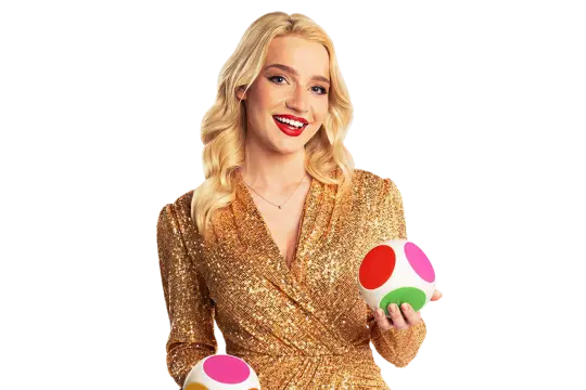 Live Casino – Female live casino host holding colorful gaming balls