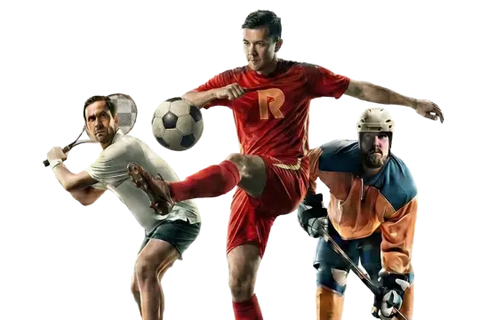 Sports betting featuring football, soccer, and hockey players in action