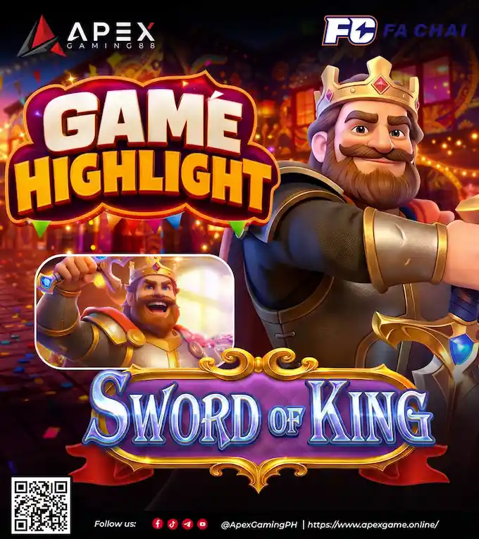 Sword of King slots game highlight featuring Fa Chai's crowned king character on ApexGaming88