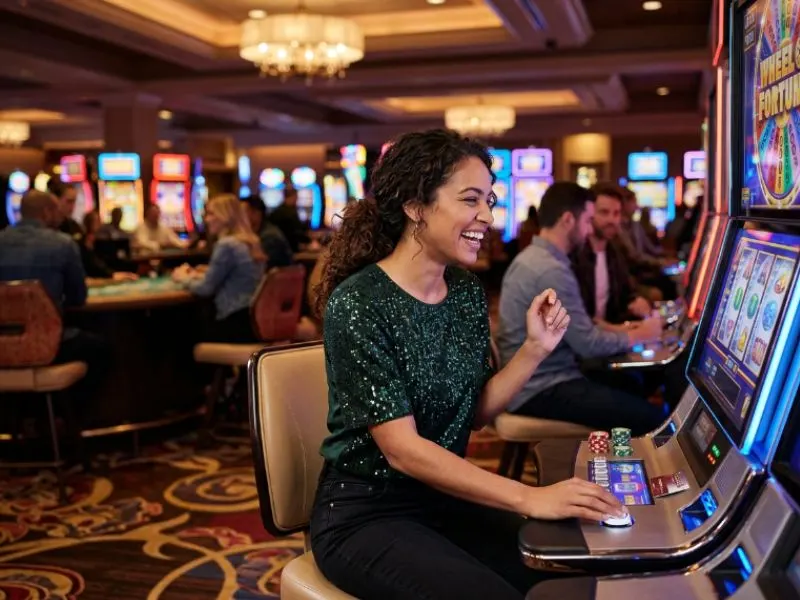 Woman celebrating at a slot machine at 777 PUB online casino