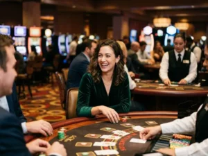 Woman sharing a laugh at a gaming table at 777 PUB online casino
