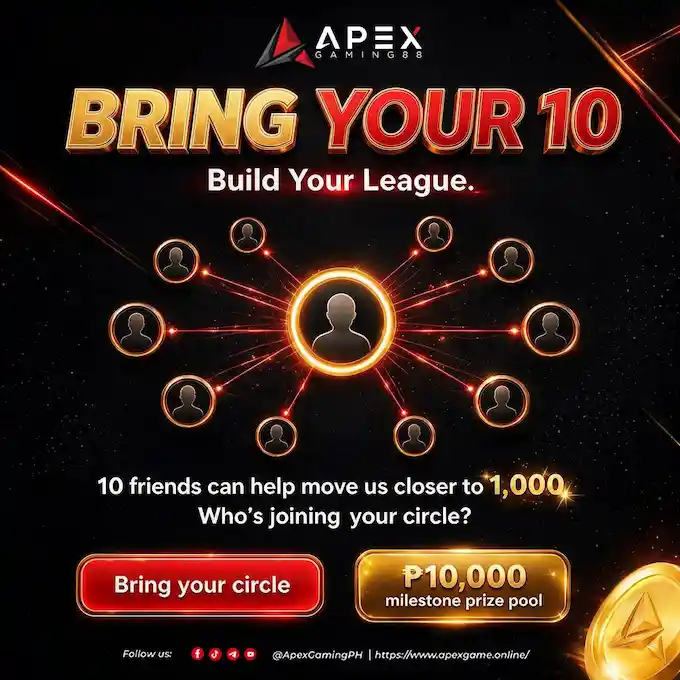 ApexGaming privacy policy banner promoting the Bring Your 10 referral campaign, featuring a player network and ₱10,000 milestone prize pool.