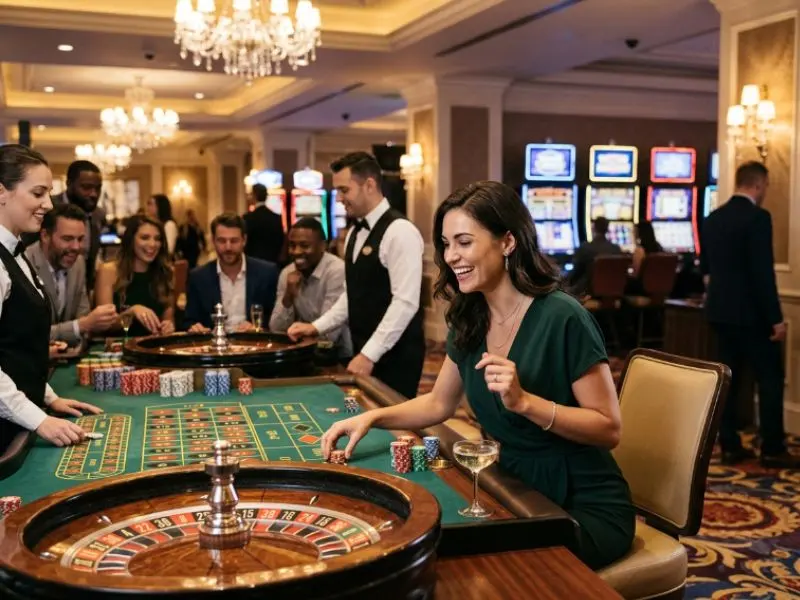 Beautiful woman smiling while holding casino chips at Apex Hub
