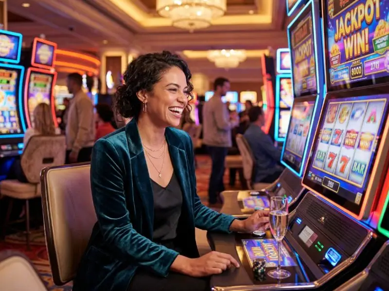 Woman enjoying bright casino slot machines at Apex Hub