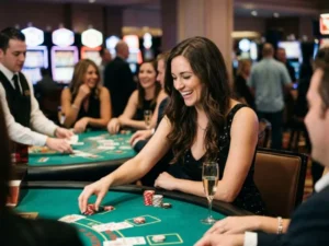Woman enjoying casino nightlife with friends at Apex Hub