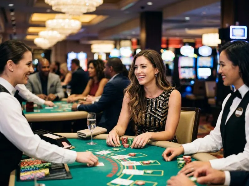 Woman sitting at a glamorous casino table at Apex Hub