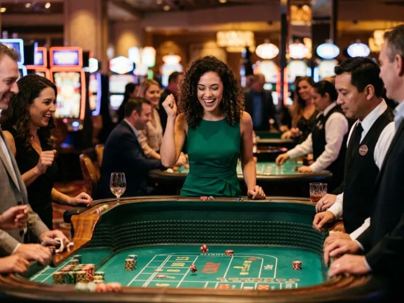 Confident woman laughing with friends at an Apex online casino table