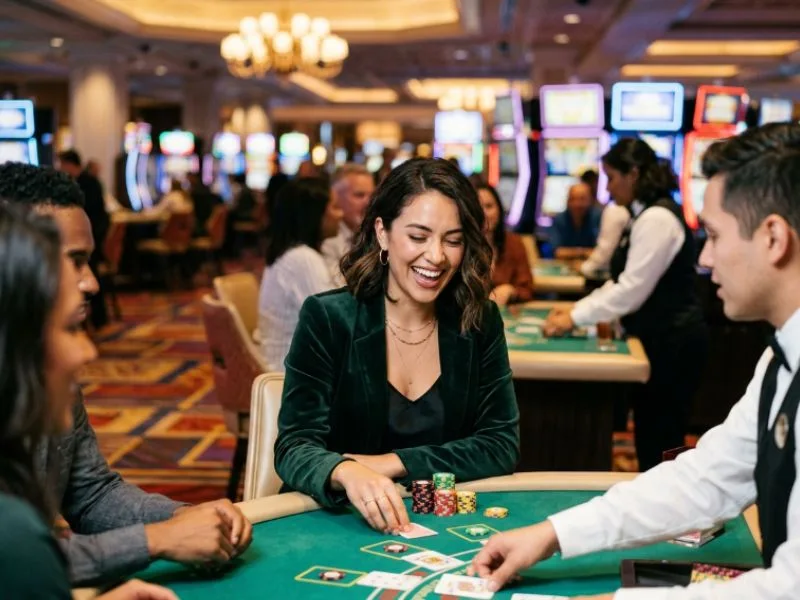 Woman holding winning cards at an Apex online casino table