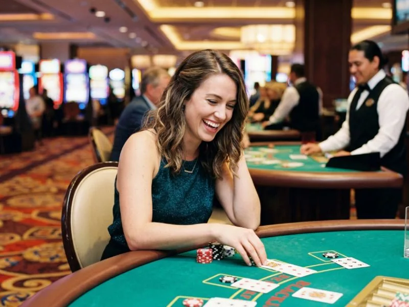 Woman playing blackjack with confidence at an Apex online casino