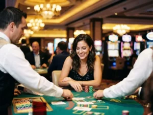 Woman watching a blackjack dealer at an Apex online casino table