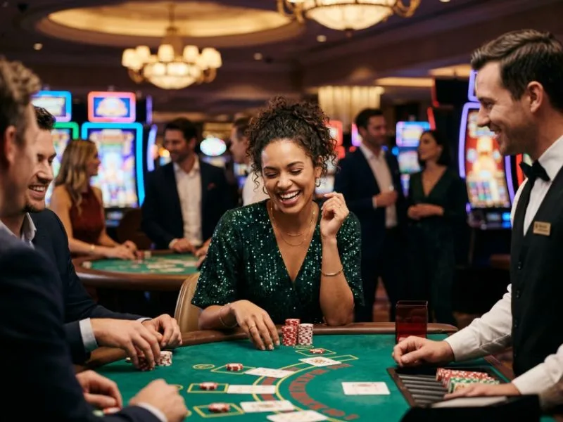 Happy woman collecting casino chips at Apex PH
