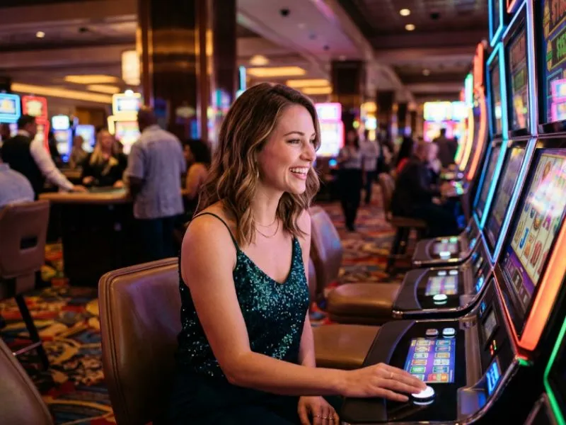 Woman enjoying a colorful slot machine at Apex PH