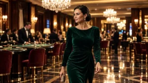 Woman in an elegant dress walking through an upscale casino lounge, bingo bonanza philippines guide