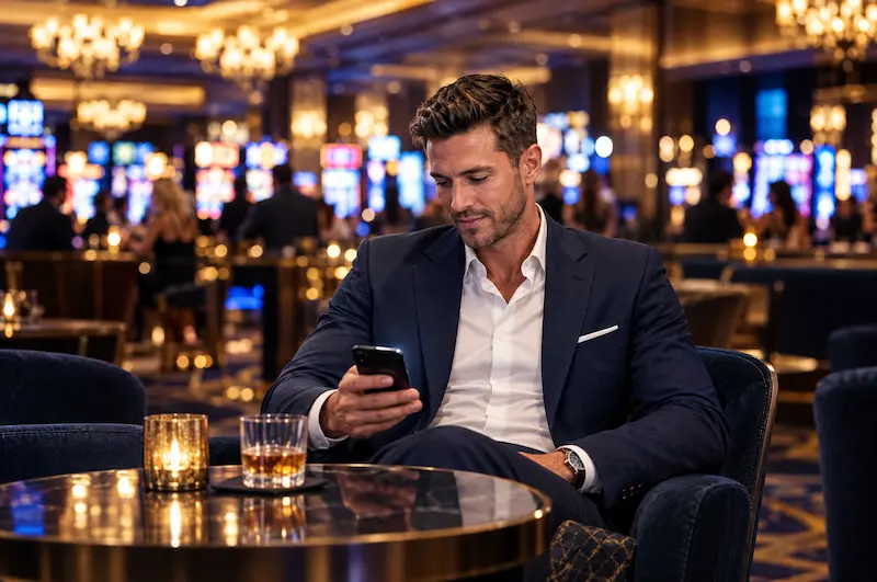 Man in a navy suit checking his phone in a casino lounge before choosing bingo and casino games