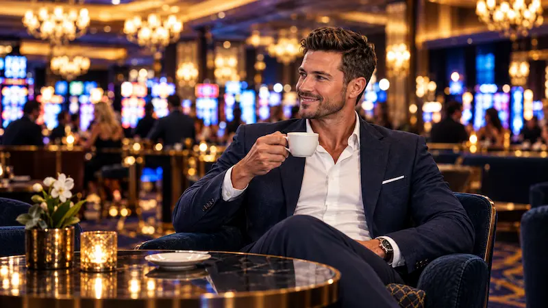 Man relaxing in a casino lounge with coffee, showing casino gaming as entertainment within a budget