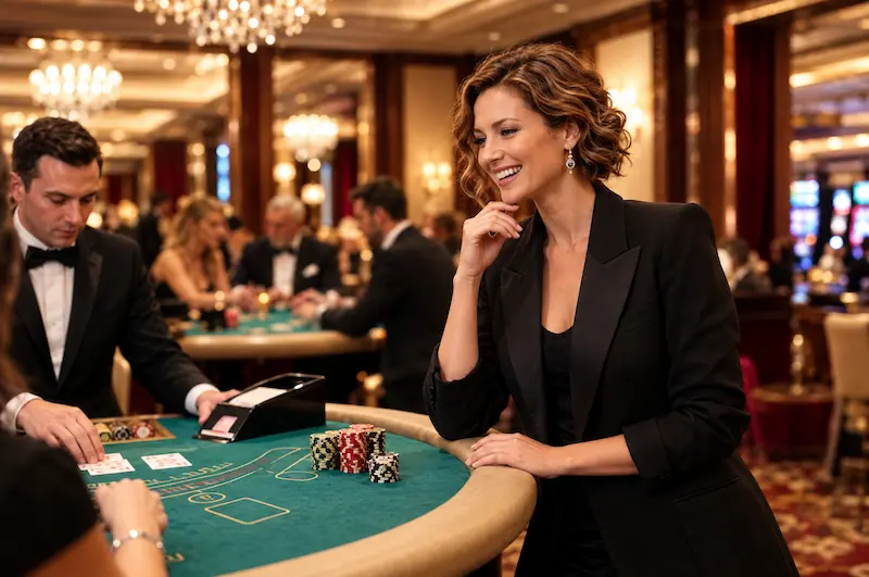 Woman watching a live dealer table in a luxury casino while comparing online casino features