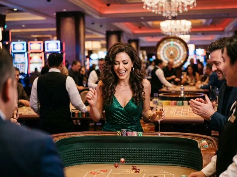 Woman enjoying a sophisticated casino night with bingo patterns Philippines