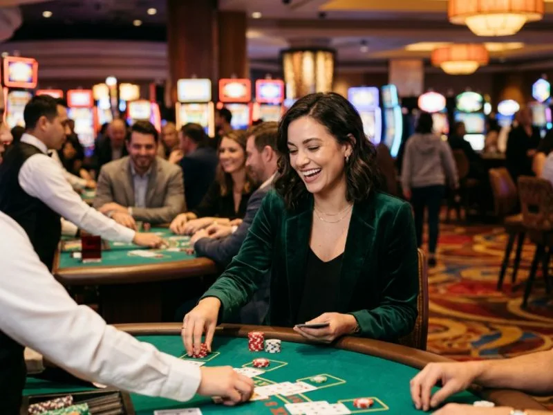 Woman playing cards under casino lights with bingo patterns Philippines