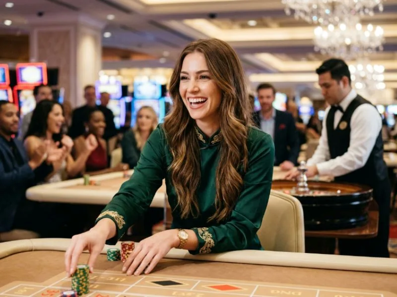 Woman smiling under glowing casino lights with bingo patterns Philippines
