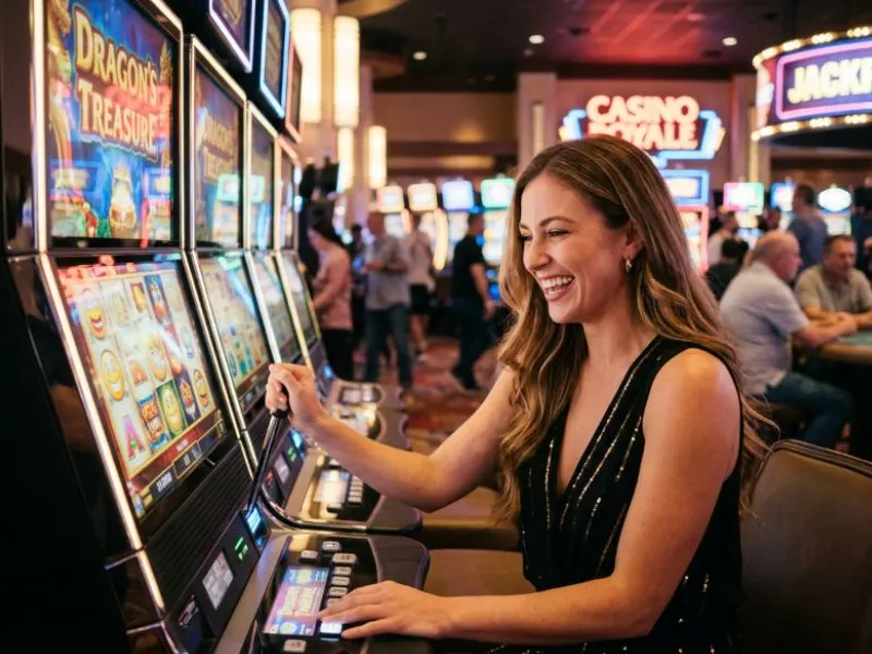 Woman celebrating a big slot machine win at BL777 online casino