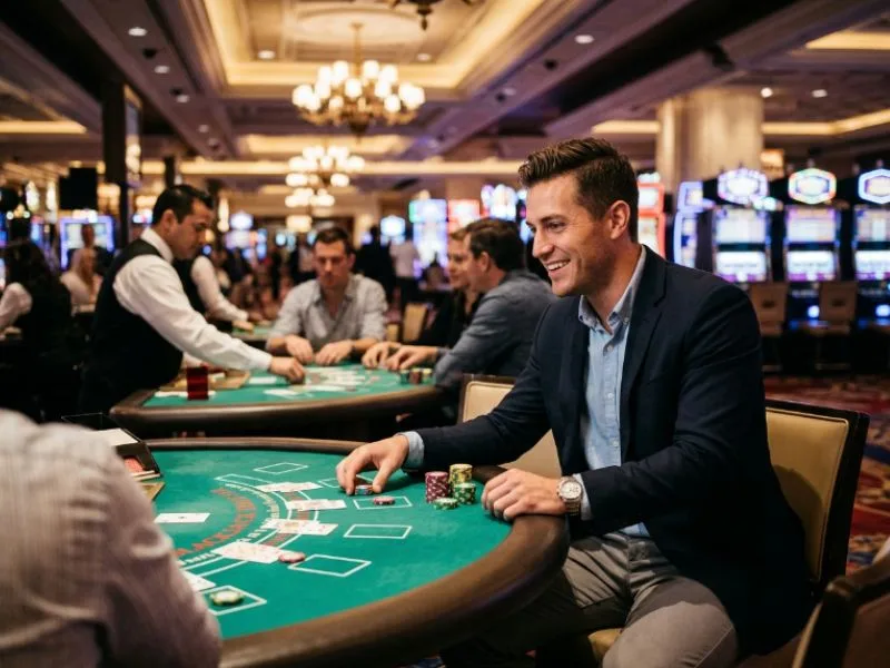 Well-dressed man celebrating a win at Eureka online casino