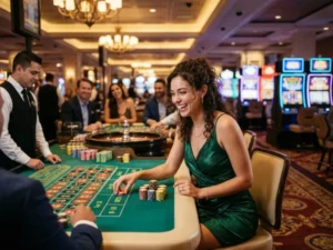Happy woman collecting casino chips at Milyon88 online casino