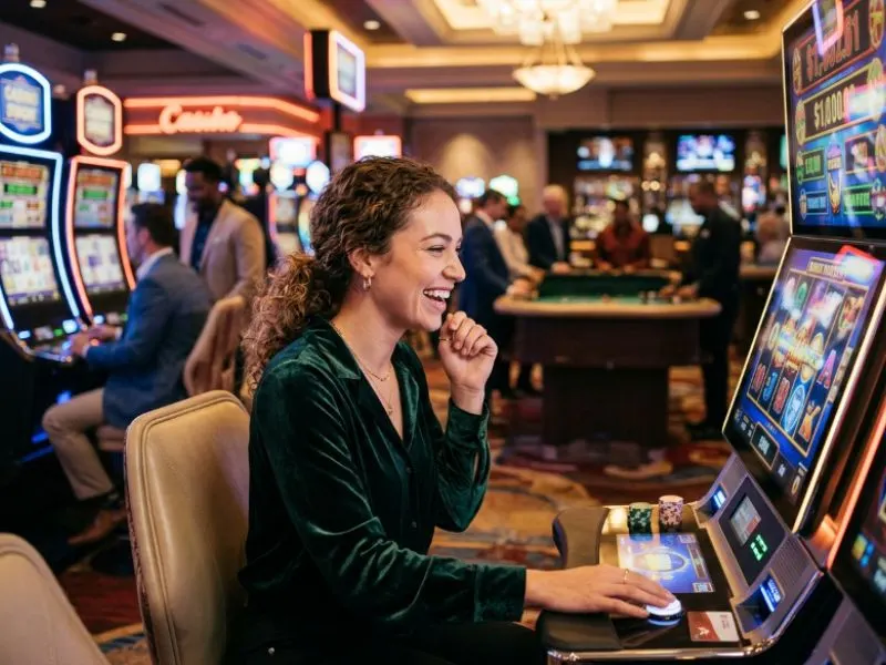 Woman enjoying a colorful slot machine at Milyon88 online casino