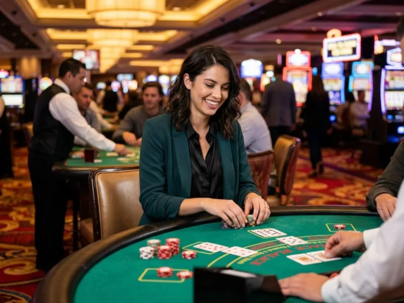 Woman smiling while placing casino chips at Milyon88 online casino