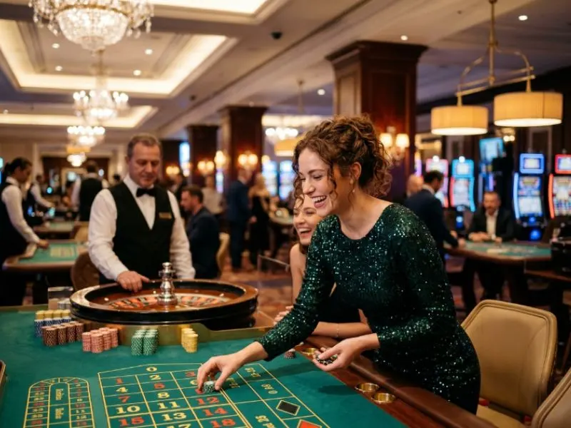 Woman enjoying a glamorous casino evening with ICG Gaming software