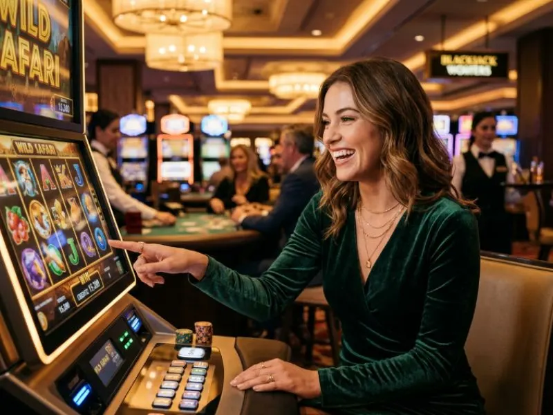 Woman enjoying a luxury casino resort with ICG Gaming software