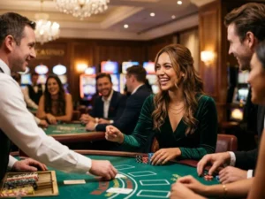 Woman smiling at a blackjack table with ICG Gaming software