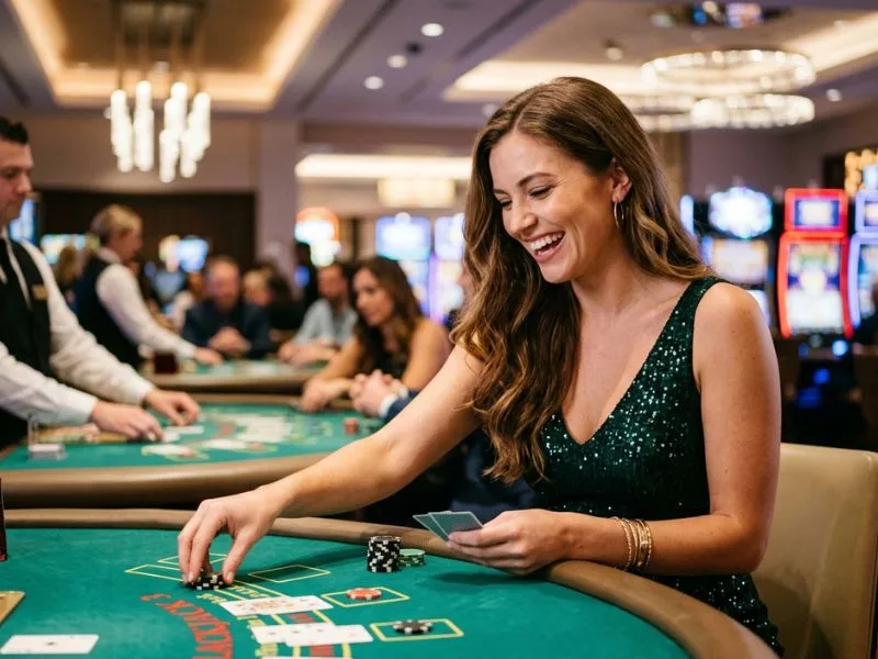 Woman smiling under glowing lights at PH Pasay online casino