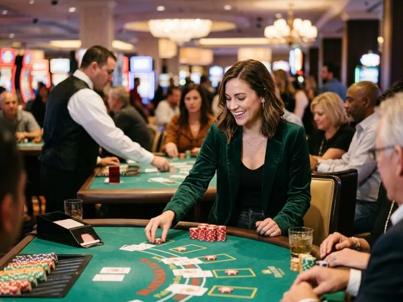 Woman smiling while placing casino chips at PH Pasay online casino