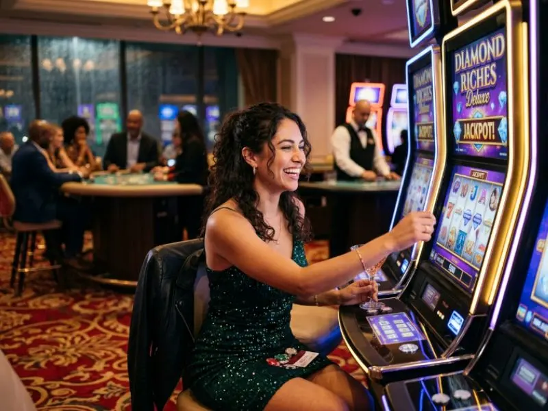 Woman celebrating at a slot machine at PH365 online casino