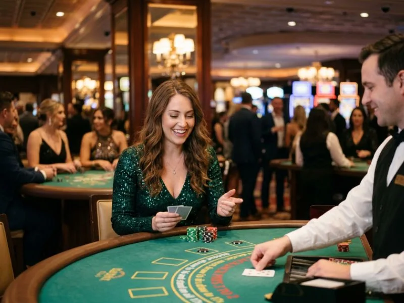 Woman smiling with winning poker cards at phlboss online casino