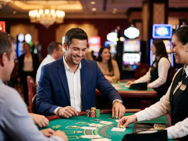 Sophisticated man experiencing a busy casino floor at Taya 777 online casino